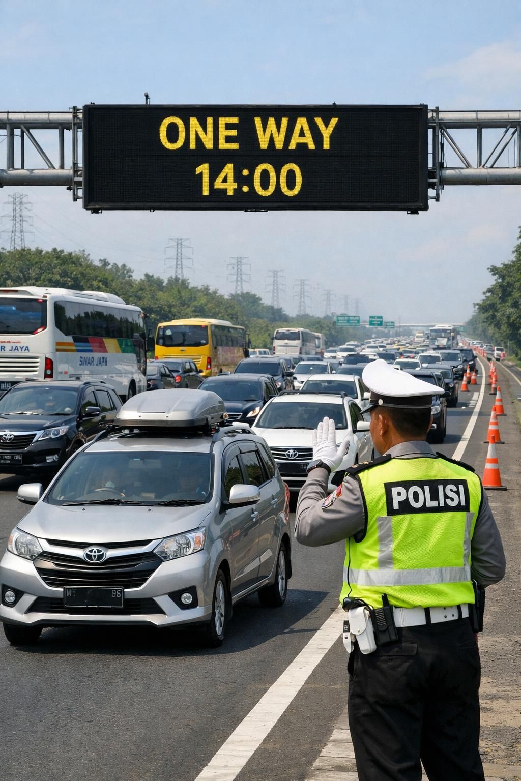 arus balik satu arah dimulai hari ini jam 14.00. kakorlantas memberikan imbauan penting bagi para pemudik agar perjalanan lebih aman dan lancar.