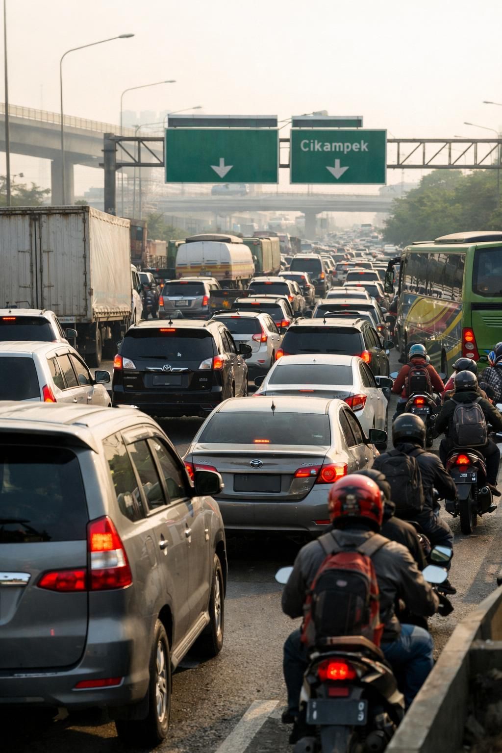 perjalanan dari bekasi ke tol cikampek memakan waktu 5 jam, pemudik mengeluhkan kemacetan parah yang memecahkan rekor.