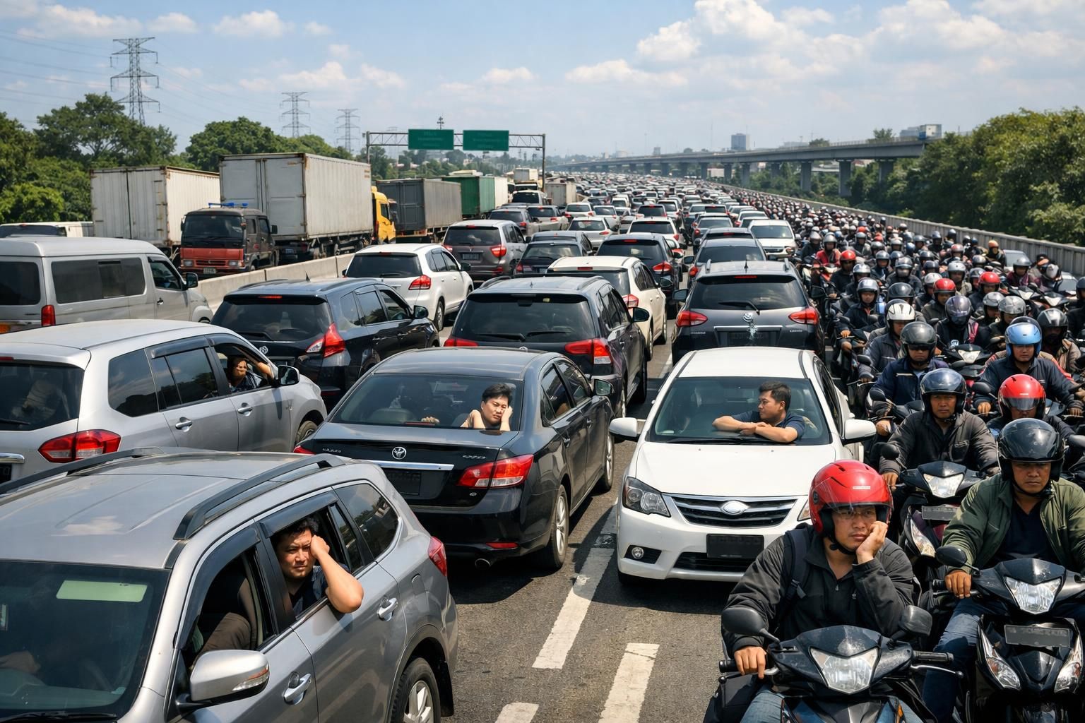 perjalanan dari bekasi ke tol cikampek memakan waktu 5 jam, pemudik mengeluhkan kemacetan parah yang memecahkan rekor lama.