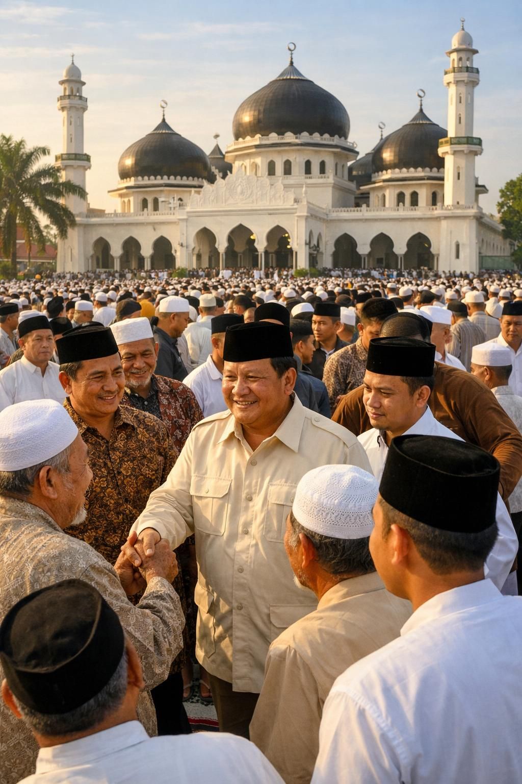 setelah salat id, prabowo berbaur dengan jemaah masjid darussalam. warga antusias berebut bersalaman, menunjukkan dukungan dan kebersamaan yang hangat.
