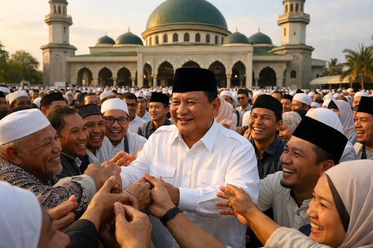 setelah salat id di masjid darussalam, prabowo berbaur hangat dengan jemaah, warga antusias berebut berjabat tangan dan menyambut kehadirannya dengan penuh semangat.