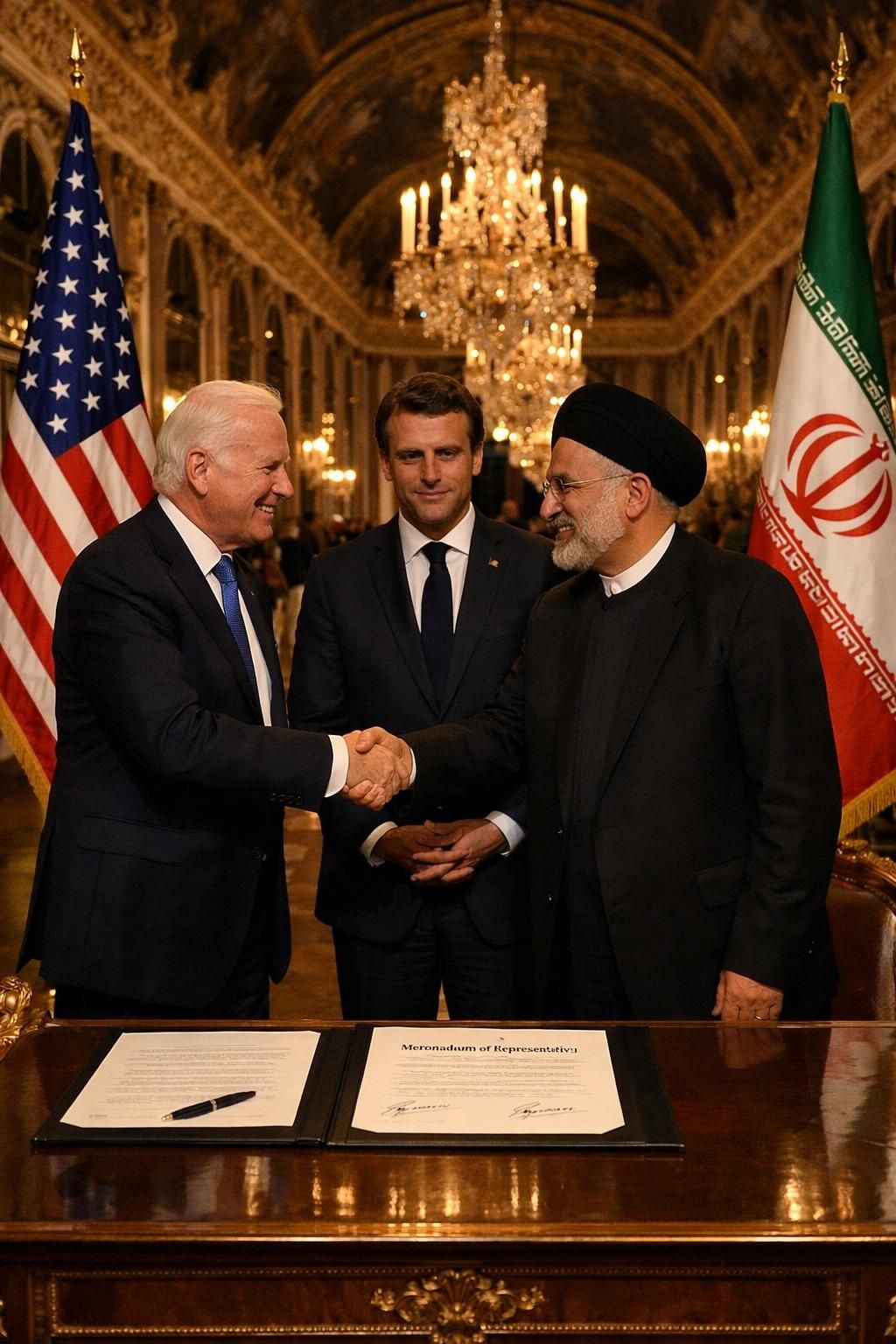 detik bersejarah saat trump menandatangani mou perdamaian dengan iran yang disaksikan oleh macron di istana versailles, menandai langkah penting dalam diplomasi internasional.