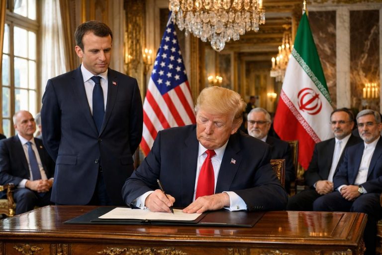 peristiwa bersejarah ketika trump menandatangani mou perdamaian dengan iran yang disaksikan oleh macron di istana versailles, menandai langkah penting dalam hubungan diplomatik.