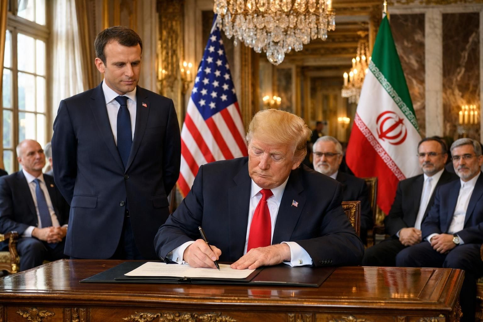 peristiwa bersejarah ketika trump menandatangani mou perdamaian dengan iran yang disaksikan oleh macron di istana versailles, menandai langkah penting dalam hubungan diplomatik.