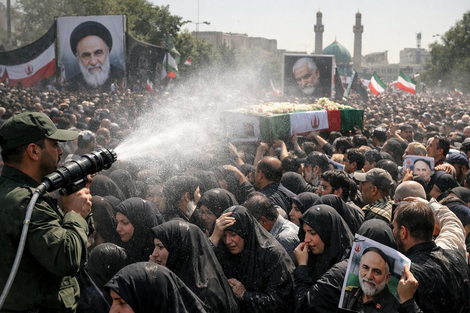 cuaca panas saat upacara penghormatan terakhir ayatollah ali khamenei, pelayat disiram air untuk menyegarkan diri. simak liputan lengkapnya di detiknews.