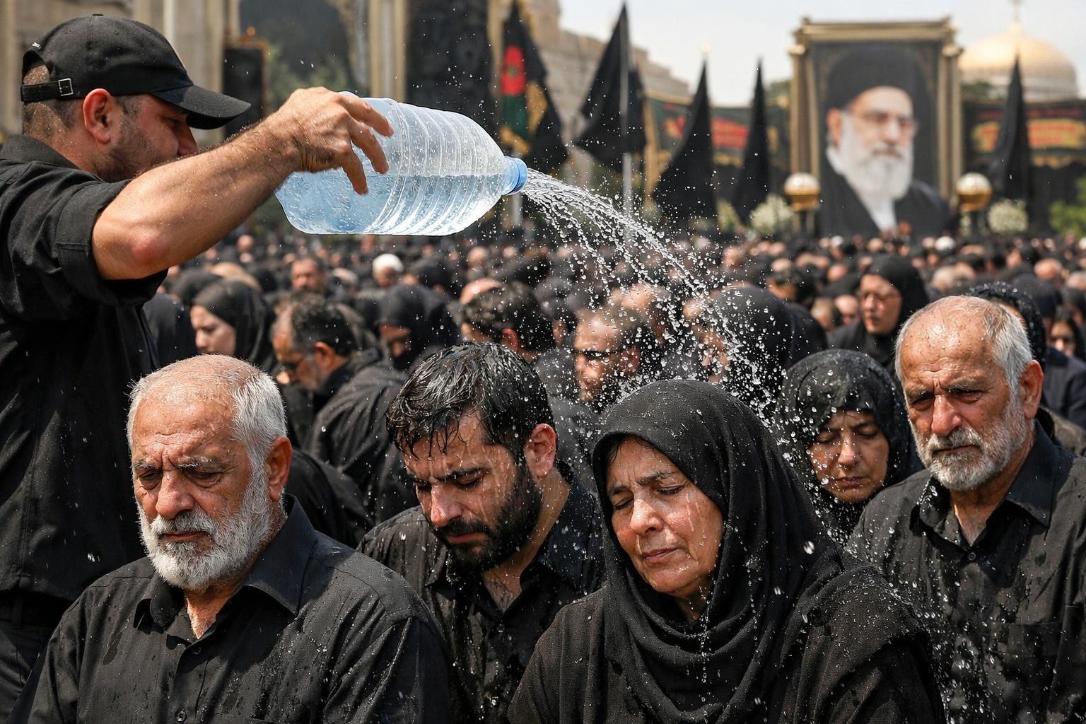 cuaca terik saat upacara penghormatan terakhir ayatollah ali khamenei, pelayat disiram air untuk mengatasi panas. simak berita lengkapnya di detiknews.