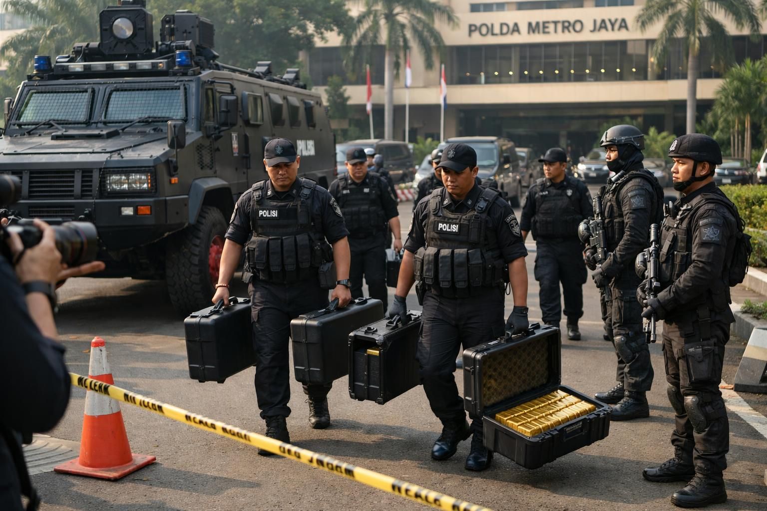 detik-detik kedatangan koper berisi 74 kg emas hasil penggeledahan rumah di sentul ke polda metro, mengungkap kasus besar penyelundupan emas.