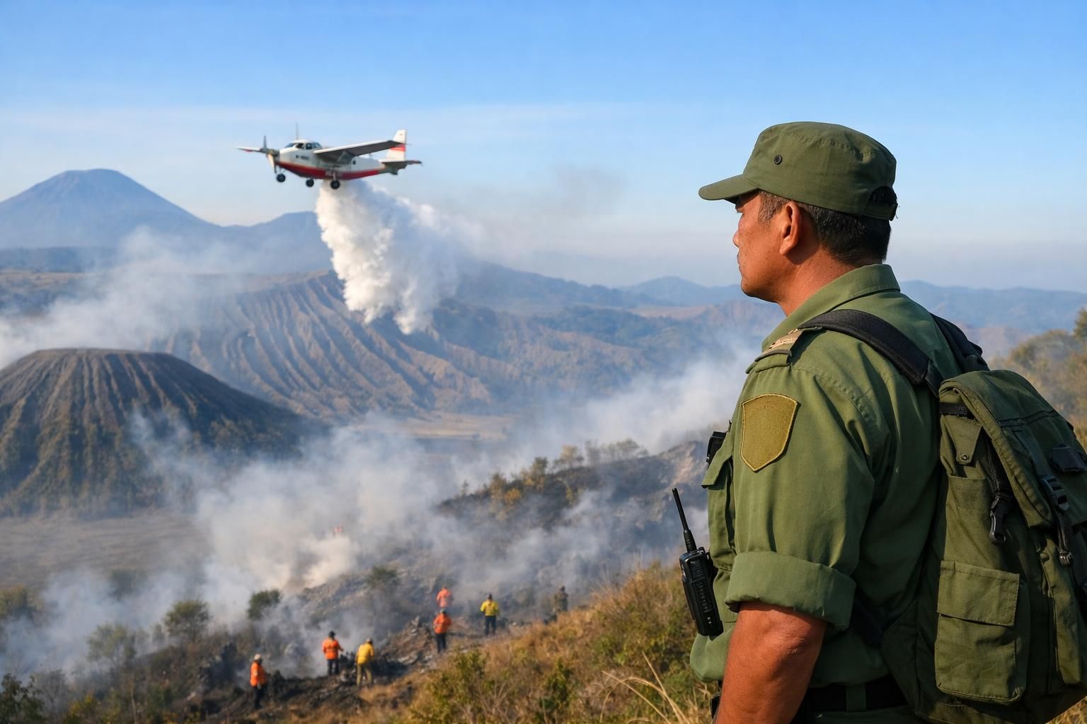 menteri kehutanan memantau langsung penanganan kebakaran di bromo dan mengoptimalkan pemanfaatan water bombing untuk memadamkan api secara efektif.