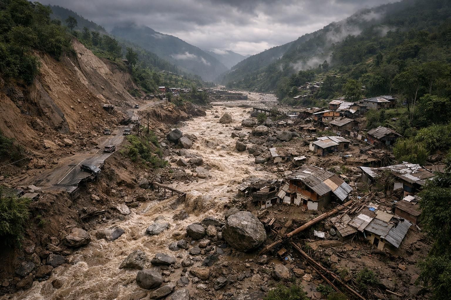 nepal dari ketinggian: menyajikan gambaran mendalam tentang dampak banjir bandang dan longsor yang melanda, serta upaya pemulihan yang dilakukan.