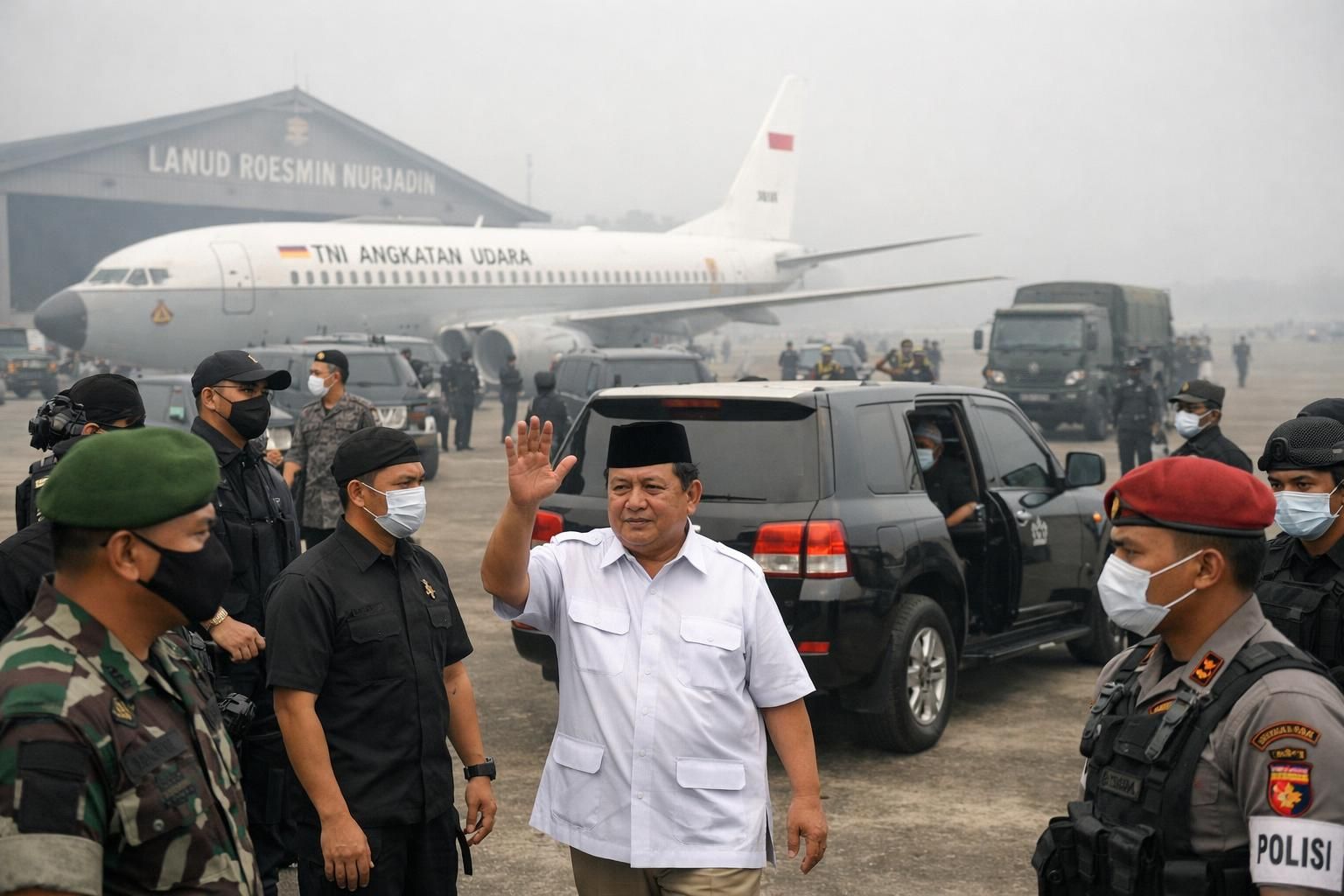 prabowo menyambut kedatangan di pekanbaru dengan panorama kabut asap akibat karhutla, menggambarkan kondisi lingkungan yang menantang di wilayah tersebut.