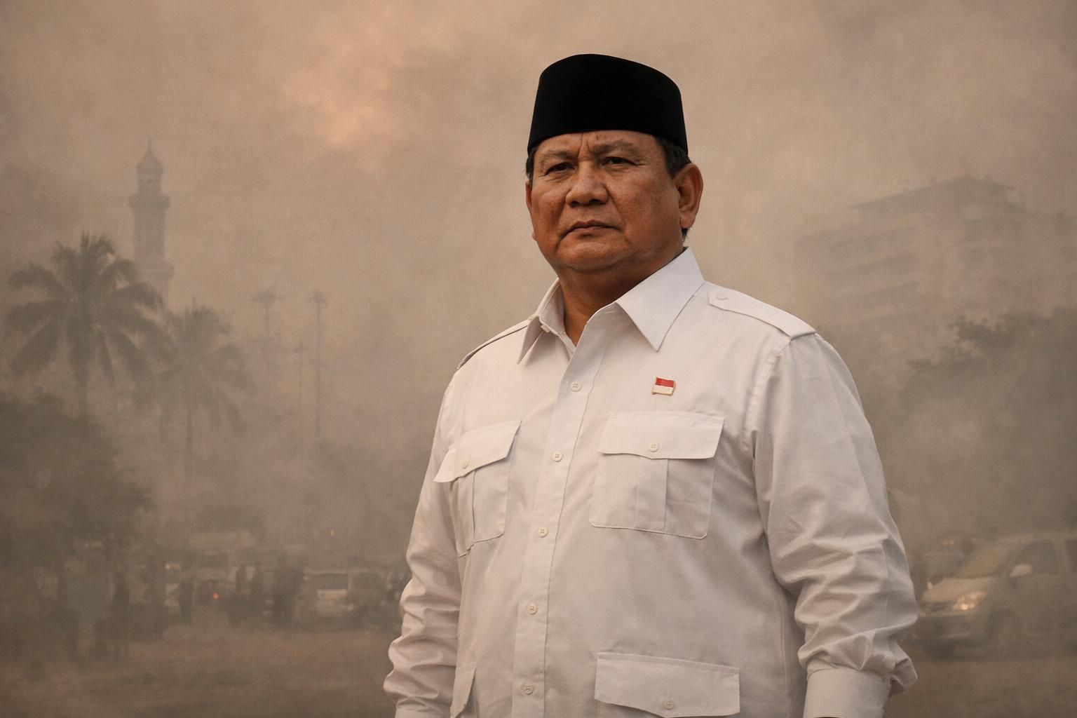 prabowo menyambut kedatangannya di pekanbaru yang diselimuti panorama kabut asap akibat kebakaran hutan dan lahan (karhutla), menggambarkan situasi lingkungan yang kritis.