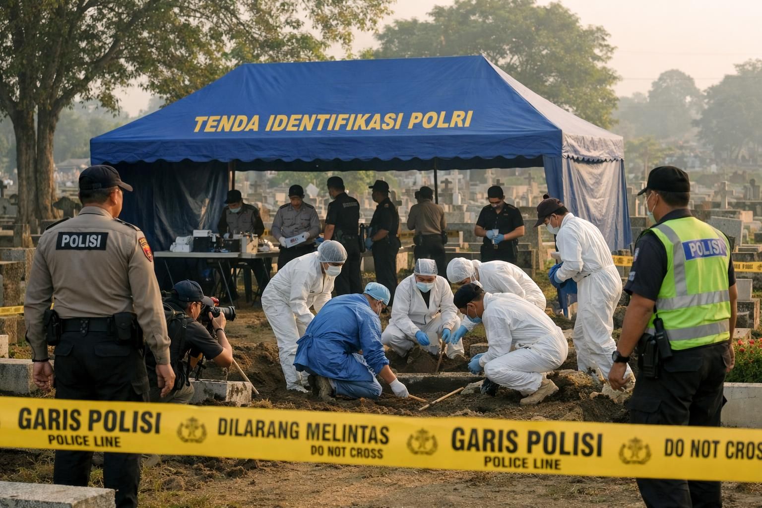 proses ekshumasi jenazah sutrimo dimulai pagi ini, dipimpin langsung oleh brigjen hastry untuk memastikan kelancaran dan keamanan prosedur.