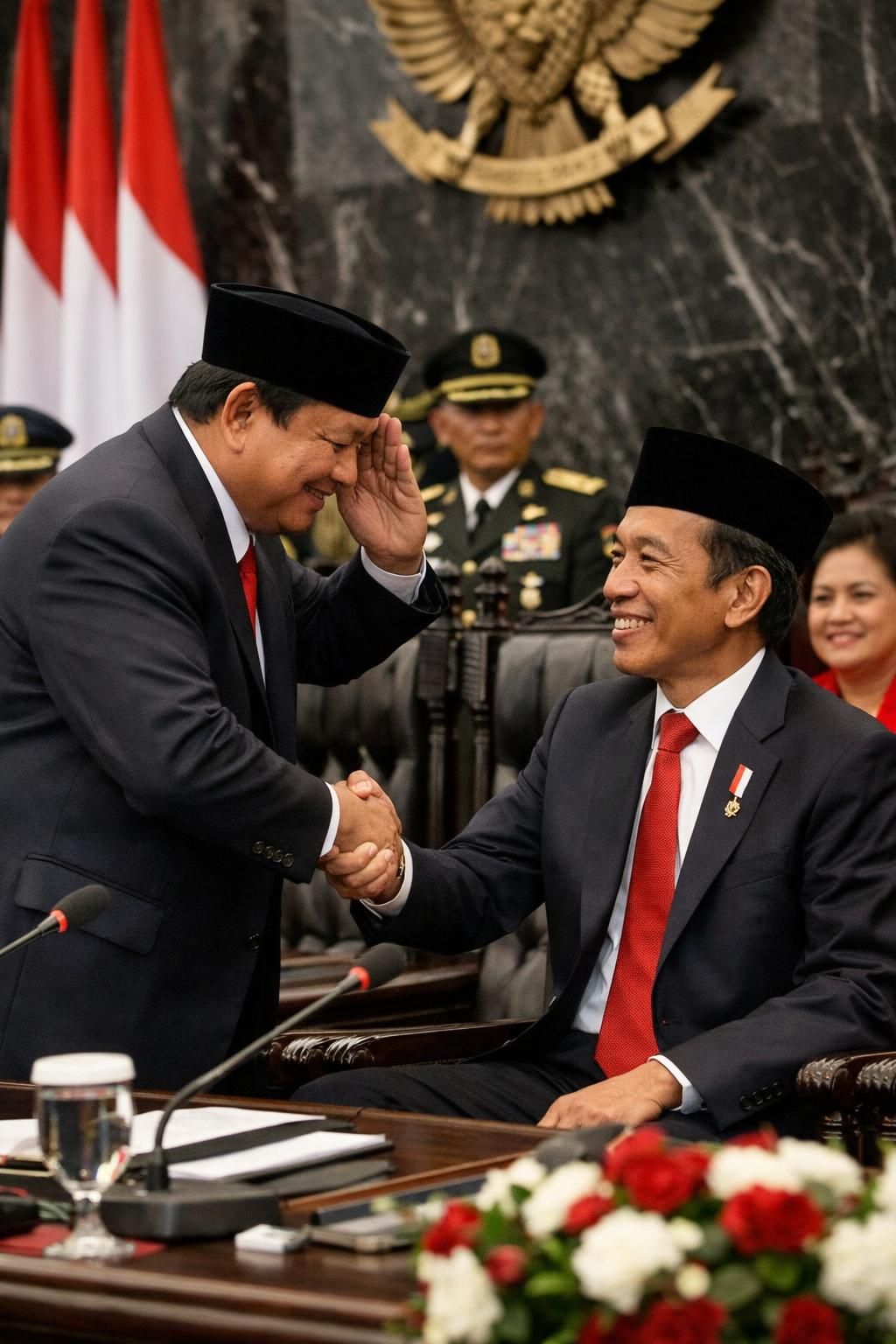 setelah berpidato, prabowo memberikan hormat dan sapaan hangat kepada jokowi sebagai tanda penghormatan dan persahabatan.
